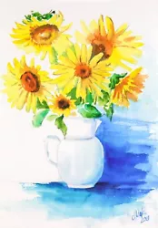 Buy Sunflower Watercolor Flower In Vase Original Painting Van Gogh Artwork 12x8'' • 27.29£