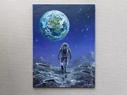 Buy Space Traveler On The Moon Original Oil Painting. Planet Earth Guiding Star Art • 71.94£