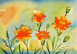 Buy Marigold Gardens Stillife  Original  Watercolor Vintage Flower Painting 4x6 • 8.19£