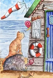 Buy ACEO Original Watercolour Painting Seaside, Beach Hut, Cat, Snail, Crab • 5.50£