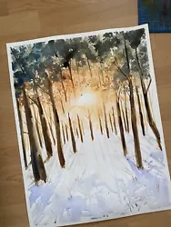 Buy Bob Ross Style Snow Watercolor Mountains Forest Large Art Tree Painting Sunset • 299.25£
