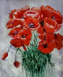 Buy YARY DLUHOS Red Poppy Flower Still Life Garden Floral Original Art Oil Painting • 240.97£