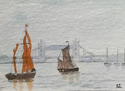 Buy ACEO Original Watercolour Painting. Thames Barges, Boats, Tower Bridge, London. • 2.95£