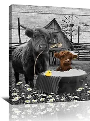 Buy Farmhouse Highland Cow Wall Art Cute Cow In Bathtube Canvas Print Black And... • 16.54£