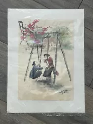 Buy Vintage Asian Man Woman Swing Cherry Blossom Painting Watercolor Painting 12x8 • 31.42£