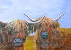 Buy Pair Of Highland Cow Painting Oil Print Monica LaTanya A4 • 2.50£
