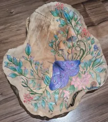Buy Moth And Flowers Painting On Elm Wood Slice • 99£