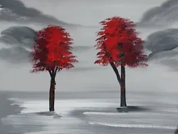 Buy Small Minimal Black White Red Trees Oil Painting Canvas Contemporary Forest • 16.95£