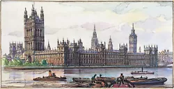 Buy Original Painting For Cigarette Card London, Houses Of Parliament, River Thames • 75£