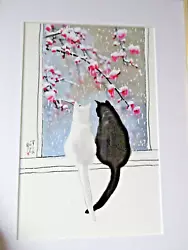 Buy Original Cheng Yan Painting Of Two Cats & Snow Covered Cherry Blossom Signed . • 95£