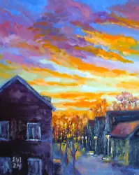 Buy Sunset In City Landscape Original Oil Painting Canvas Wall Art 8x10 Inches • 24.50£