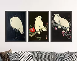Buy Set Of 3 Dark Bird Art Prints By Ohara Koson - Poster Painting Cockatoo Heron • 199£