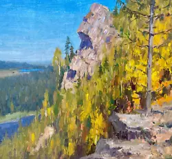 Buy Original Painting Landscape Autumn Decor Art Red Mountain River Nature Artwork • 223.06£