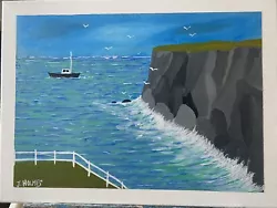 Buy L S Lowry Style Acrylic Painting On Canvas - Waves Crashing Against Rocks • 30£