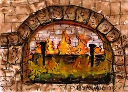 Buy ACEO Yule Log Brick Fireplace Christmas Watercolor Painting Art Penny StewArt • 12.54£
