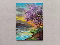 Buy Blooming Cherry Blossoms, Vibrant Sky And Majestic Mountains Original Painting • 38.86£