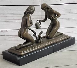 Buy Provocative Bronze Artwork Sensuous Nude Girl Tending To Growing Erotic Plant • 157.25£