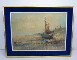 Buy ARTIST SIGNED Antique Oil Painting - Boat On The Water -Gold Frame & Blue Fabric • 40£