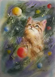 Buy Original, Not A Print, Watercolour Painting. Cat. Festive Mood. A5. Collectable • 9£