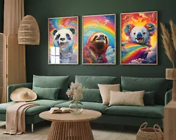 Buy Rainbow Swirl Panda, Sloth, Koala Set Of Three Art Print Painting Poster • 15£