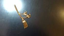 Buy Avon Cat On Broomstick Halloween Gold Plate Brooch Pin • 12.99£