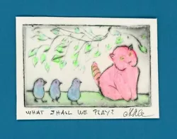 Buy PINK CAT & BLUEBIRDS FRIENDS PLAYING Original WATERCOLOR PAINTING ETCHING Signed • 18.90£