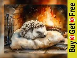 Buy Cozy Hedgehog By Fireplace Watercolor Painting Print 5 X7  On Matte Paper • 4.49£