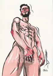 Buy Original Hand Painted Artwork Watercolor And Ink Painting Gay Man Male Nude • 40.52£