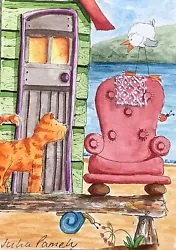 Buy ACEO Original Watercolour Painting Seaside, Beach Hut, Cat, Chair, Gull, Snail • 6.50£