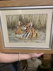 Buy Signed Framed Water Colour Picture Of A Tiger In Water Artist Katherine Howey • 24£