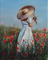 Buy Original Oil Painting Girl Woman Hat Poppy Field Artwork Impressionism 7 X 5  In • 142.94£