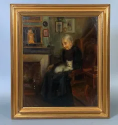 Buy Vintage French Oil Painting Old Woman Cat Fireplace Crucifix Interior Signed • 631.15£