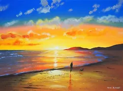 Buy Pete Rumney Art Original Painting Sunset Shore Dog Walks Ocean Beach Seaside • 10£