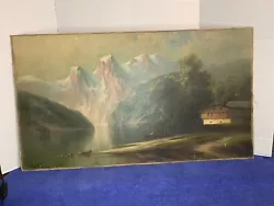 Buy 18x32 Antique Oil Painting Mountain River Boat Farm Scene S. Strausser • 120.18£