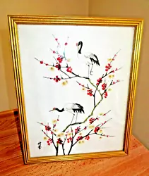 Buy Framed Chinese Japanese Silk Painting Of Two Herons And Cherry Blossom Signed • 20£