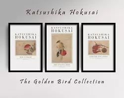 Buy The Golden Birds - Set Of 3 Hokusai Art Prints - Poster Painting Lobster Red Sun • 199£