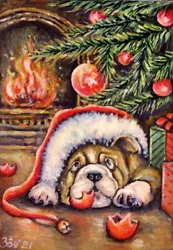 Buy ACEO Original Painting Sketch Card Мischievous Dog By The Fireplace On Christmas • 19.23£