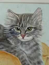 Buy Original Watercolour Cute Cat Sitting On Cushion By Sue Birchall  • 24.99£