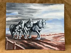 Buy Vintage Signed Oil Painting On Board - 3 Horses Ploughing A Field - Uk North • 44.99£