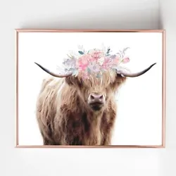 Buy Highland Cow Print PICTURE Flower Garland WALL ART A4  Unframed 22 Landscape • 3.85£