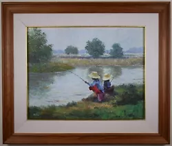 Buy Two Children River Fishing. Original Oil By Thai Artist Kitia, Circa 1980 • 145£