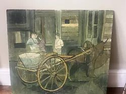 Buy Large Oil Painting On Board Green People Cart Horse Vintage • 45£