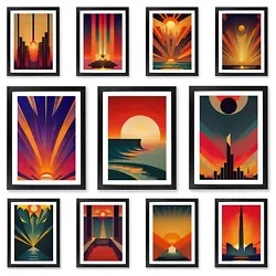 Buy Art Deco Ocean Sunset Prints Black Framed Wall Art Poster Picture Decor Painting • 34.95£