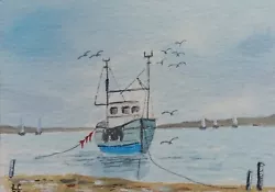 Buy ACEO Original Watercolour Painting. Fishing Boat, Estuary, English Seascape.  • 2.95£