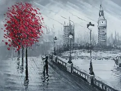 Buy London Small Oil Painting Canvas Cityscape Contemporary Black White Red England • 15.95£