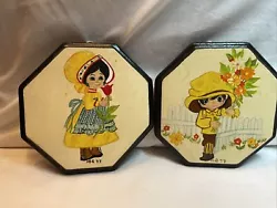 Buy Set Of 2 - Vintage Boy And Girl  Paintings On Octagon Shaped Wood Plaques MG 77 • 33.07£