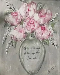 Buy Original Painting Acrylic On Canvas Of Peonies In A Vase With Romantic Quote Sig • 10£