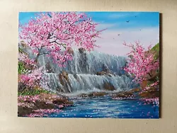 Buy Waterfall Near Cherry Blossoms High Quality Oil Painting, Pink Sakura Flower Art • 71.10£