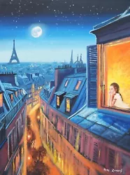 Buy Pete Rumney Art Original Painting A Dream Of Paris Moon Stars Eiffel Tower • 10£