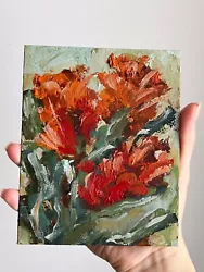 Buy Impressionism Red Flower Artwork Orange Flowers Oil Painting Abstract Floral Art • 40.06£